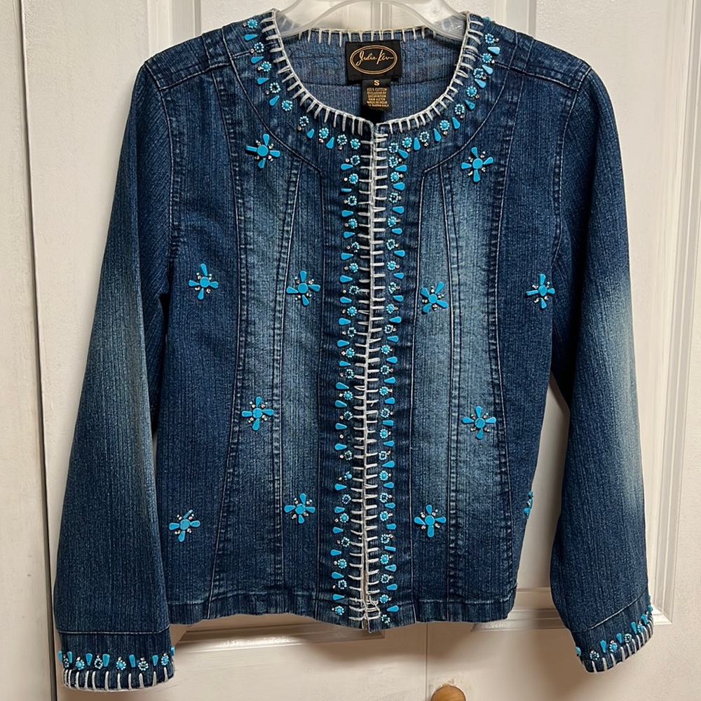 Vintage Julia Kim 90s Bedazzled Jeweled Denim Jean Jacket Size S Cotton Gem